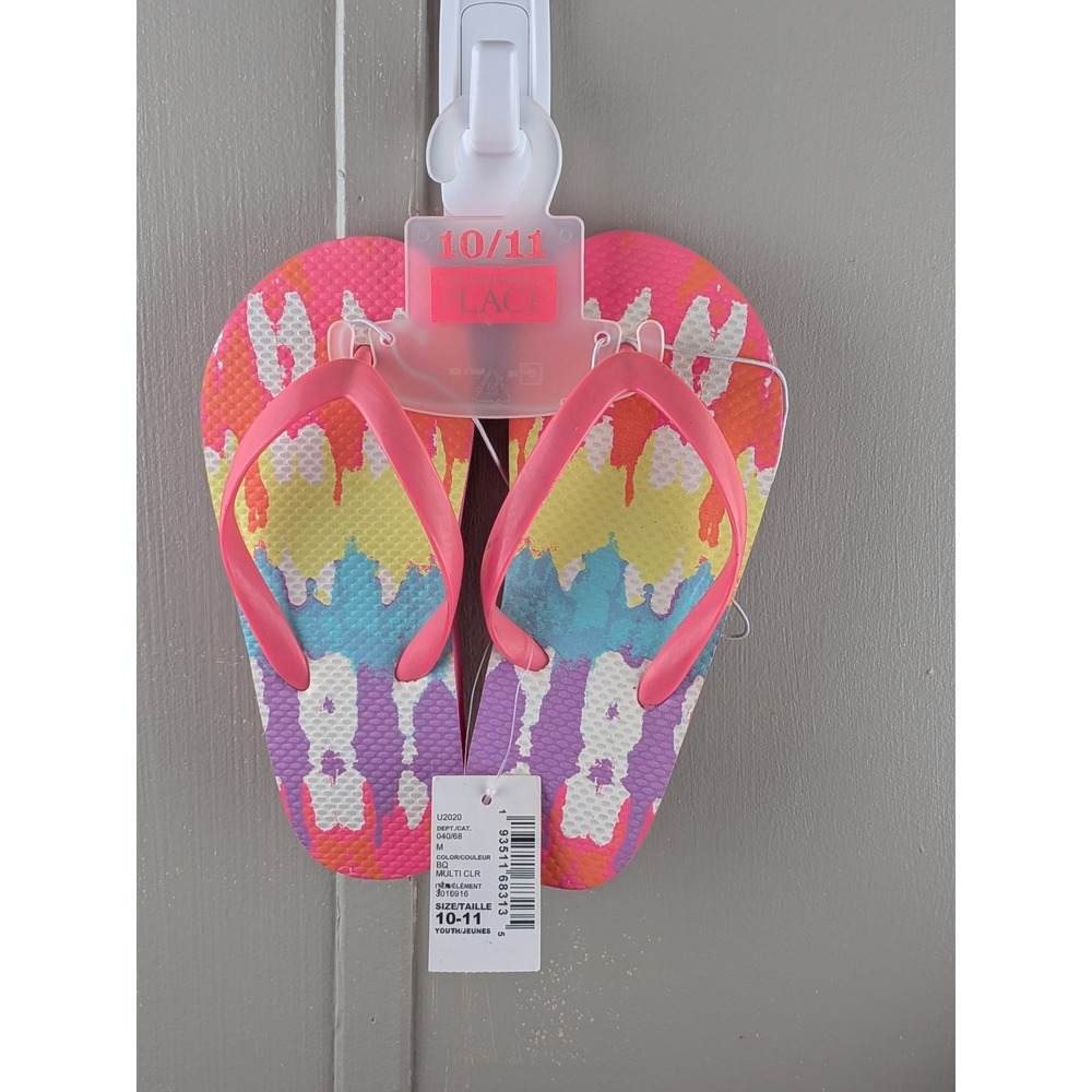 The Childrens Place Girls Tie Dye Flip Flops Pink Multi Color Size 10-11 NWT